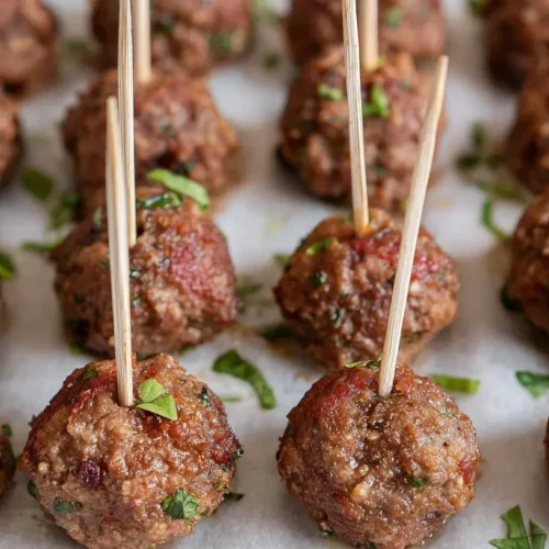 A platter of savory meat ball appetizers with a garnish.
