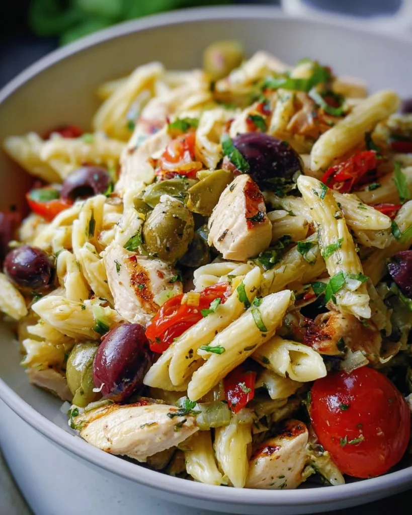 Mediterranean Chicken Pasta Salad with colorful veggies and herbs