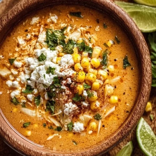 Delicious bowl of Mexican Street Corn Soup garnished with cilantro and lime.