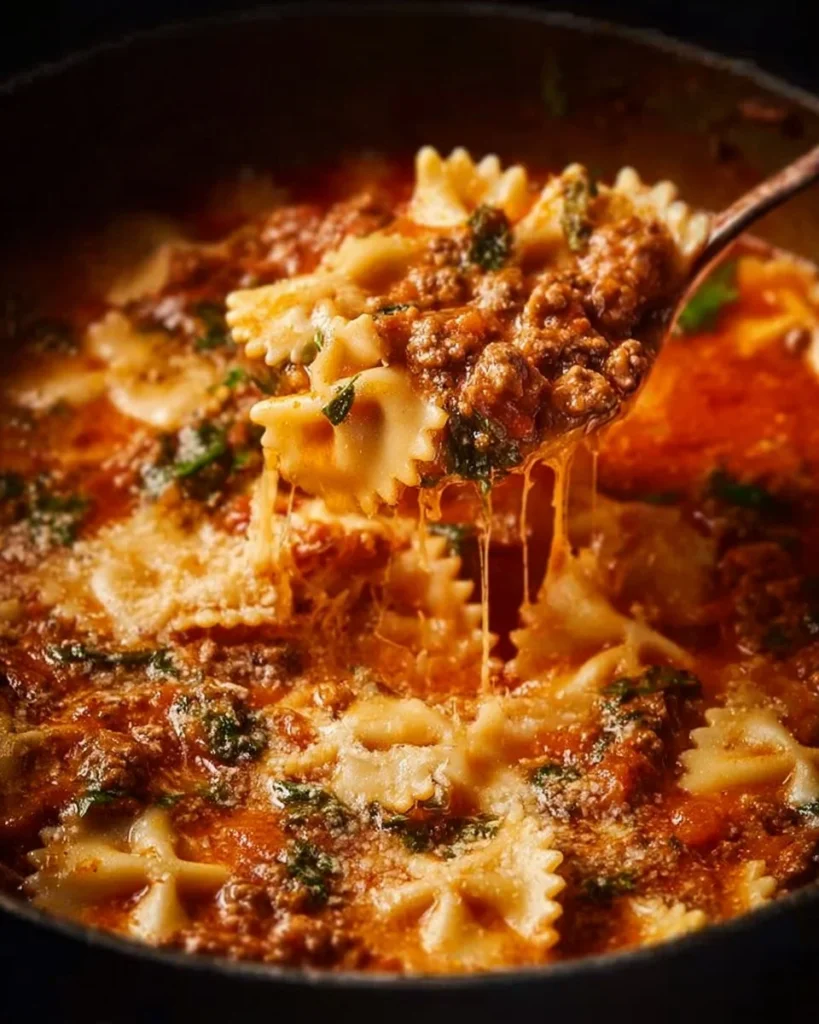 Delicious one pot lasagna soup with layers of flavors and cheesy goodness.