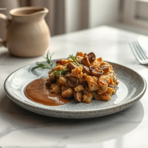 Vegetarian Mushroom Stuffing baked to golden perfection