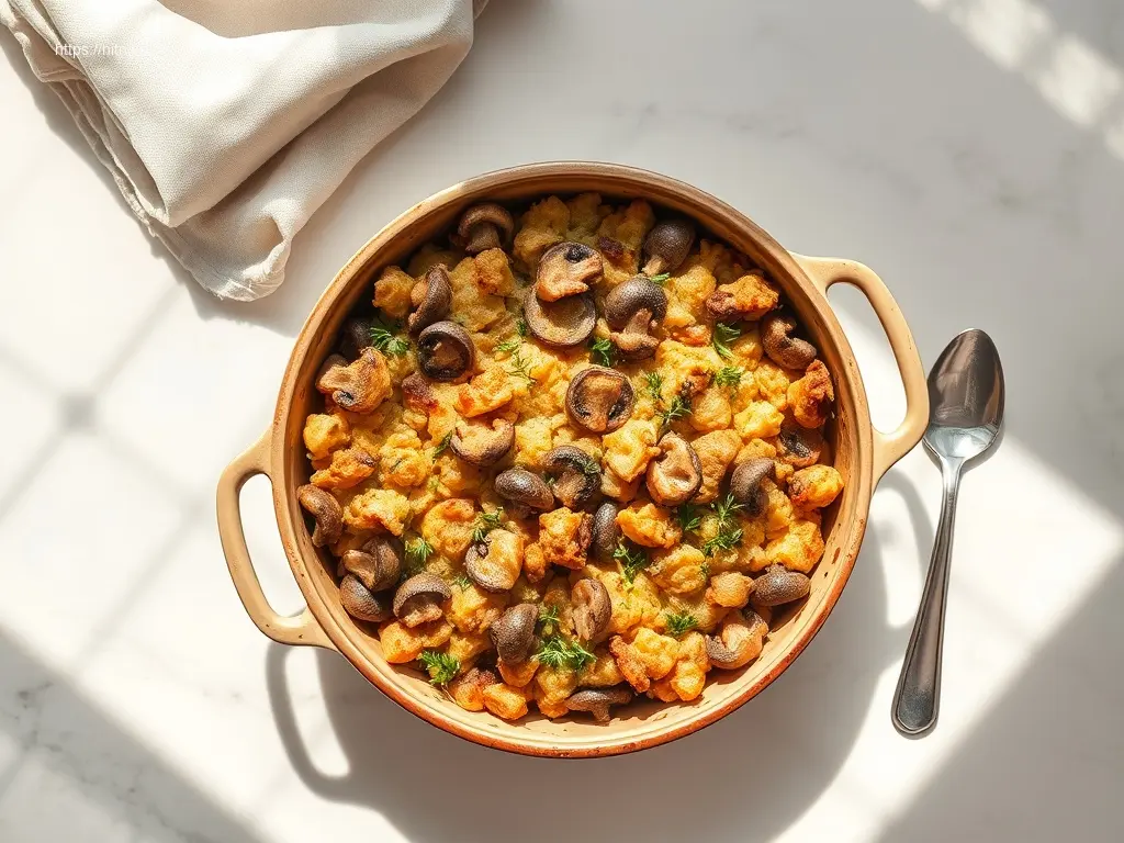 Vegetarian Mushroom Stuffing baked to golden perfection