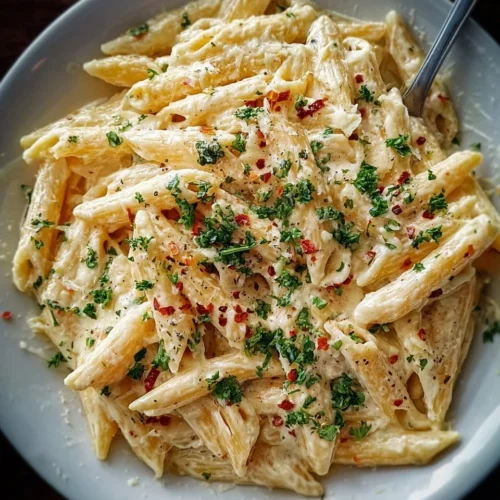 A bowl of creamy garlic pasta topped with parsley, served in a rustic dish.