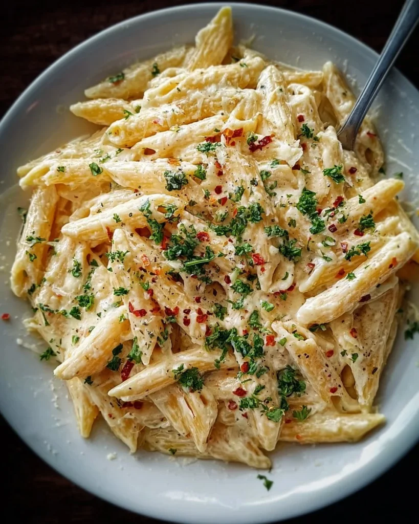 A bowl of creamy garlic pasta topped with parsley, served in a rustic dish.