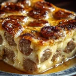 Pancake Sausage Casserole served in a baking dish with syrup drizzled on top.