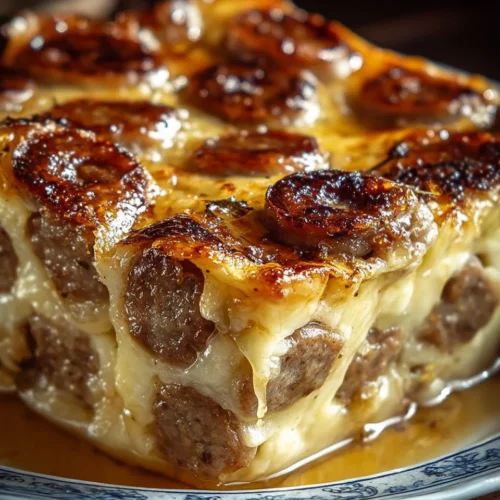 Pancake Sausage Casserole served in a baking dish with syrup drizzled on top.