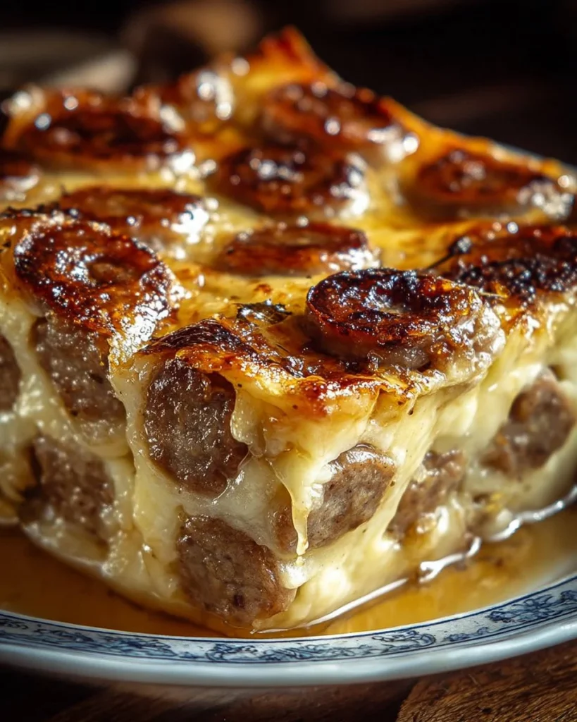 Pancake Sausage Casserole served in a baking dish with syrup drizzled on top.