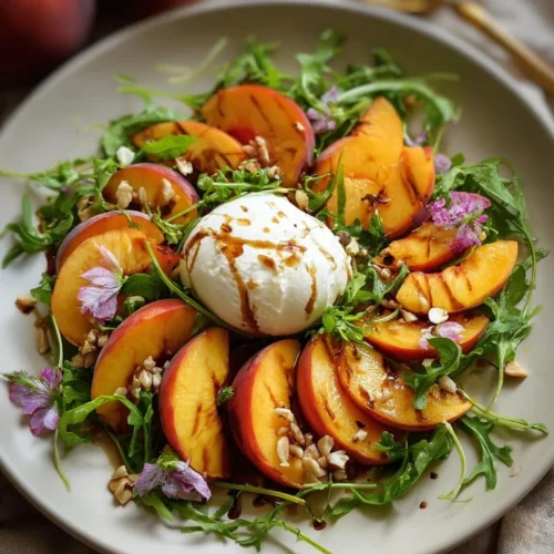 Delicious Peach Burrata Salad with fresh fruits and creamy cheese