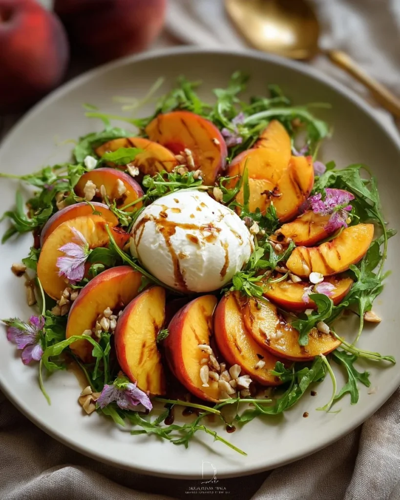 Delicious Peach Burrata Salad with fresh fruits and creamy cheese
