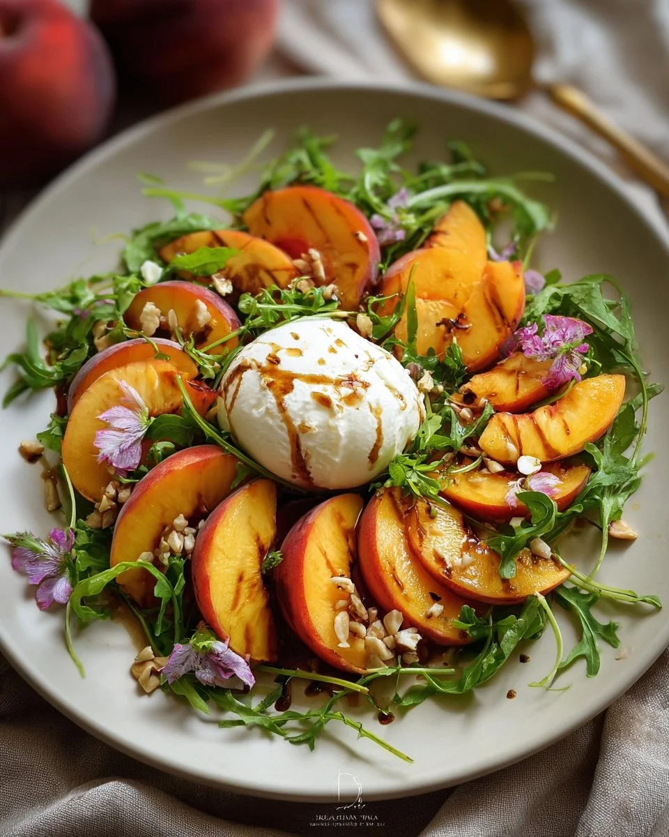 Delicious Peach Burrata Salad with fresh fruits and creamy cheese