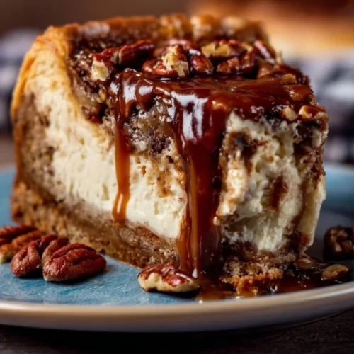 Delicious pecan pie cheesecake topped with crunchy pecans and caramel drizzle.