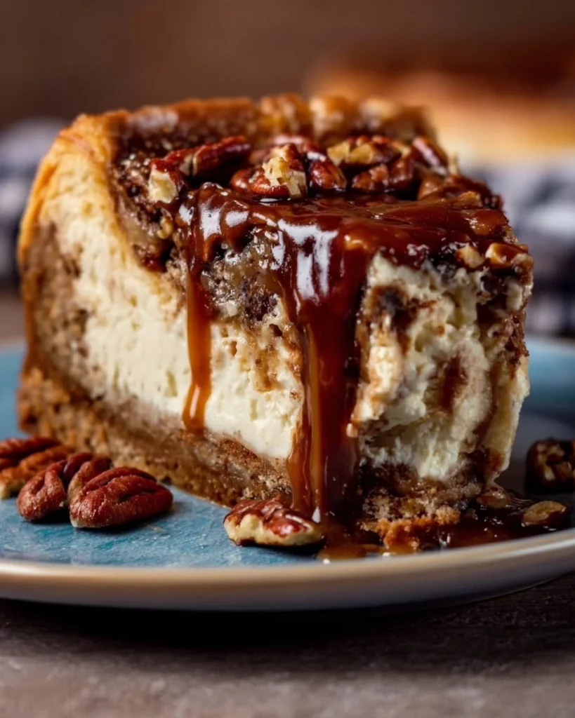 Delicious pecan pie cheesecake topped with crunchy pecans and caramel drizzle.