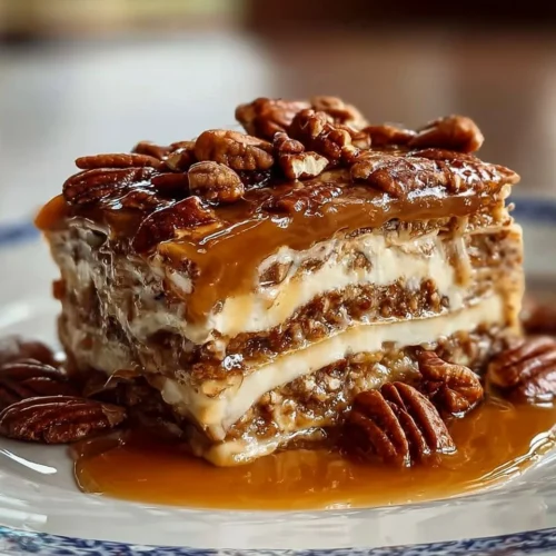 Deliciously layered Pecan Pie Lasagna topped with crunchy pecans.