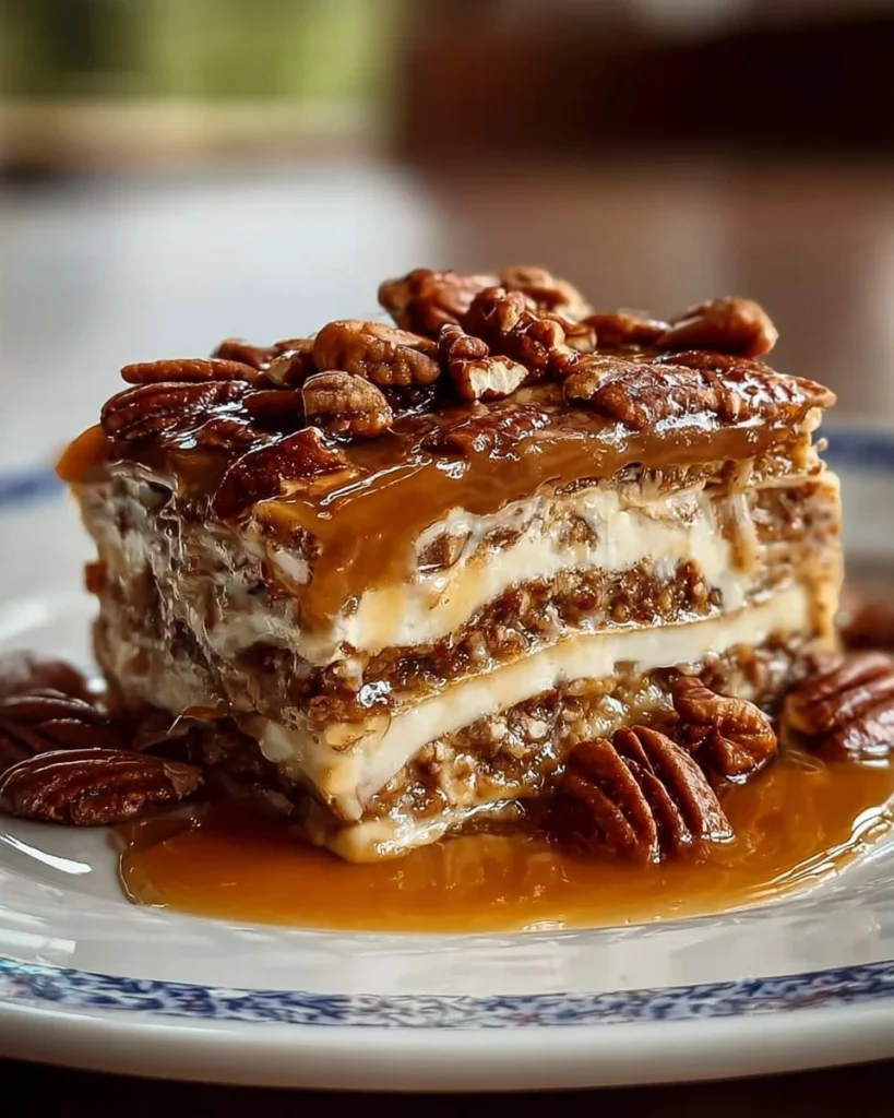 Deliciously layered Pecan Pie Lasagna topped with crunchy pecans.