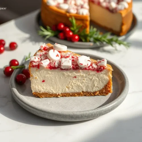 Delicious Peppermint Bark Cheesecake for the Holidays on marble