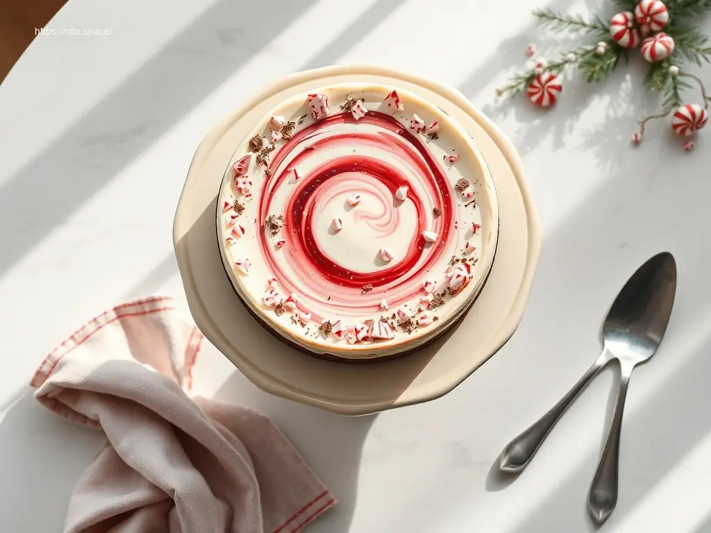 Delicious Peppermint Bark Cheesecake for the Holidays on marble