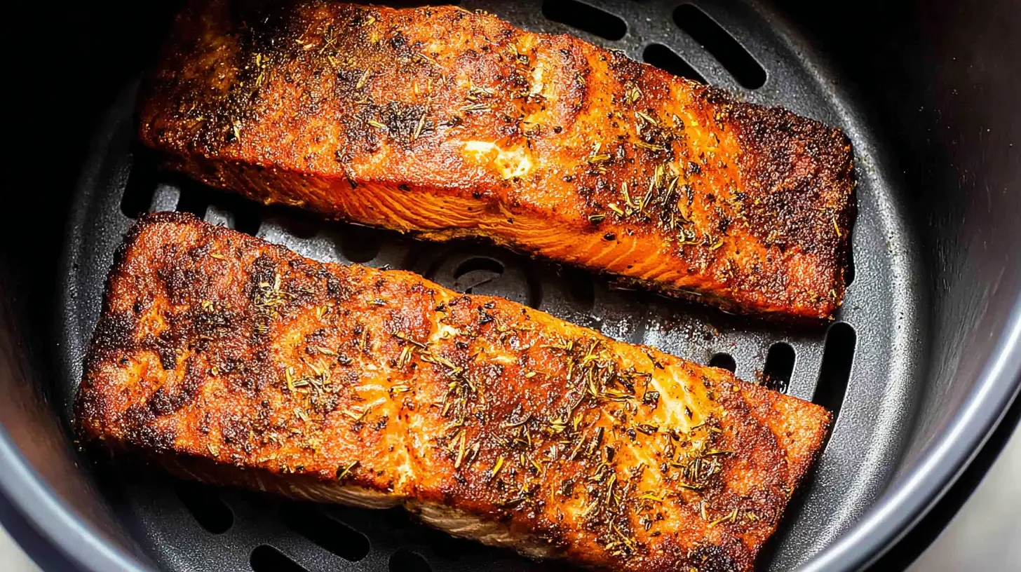 Delicious Air fryer Salmon garnished with herbs.