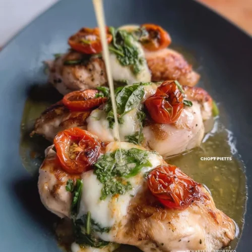 Pesto mozzarella and tomato stuffed chicken breasts garnished and ready to serve.