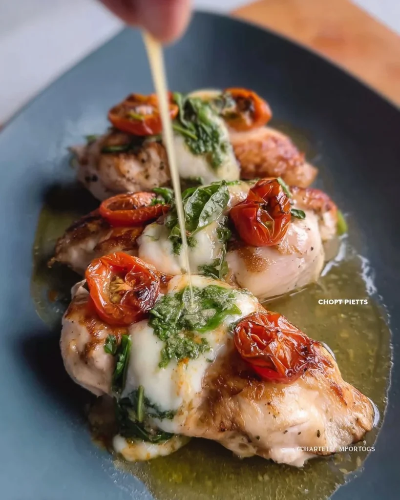 Pesto mozzarella and tomato stuffed chicken breasts garnished and ready to serve.