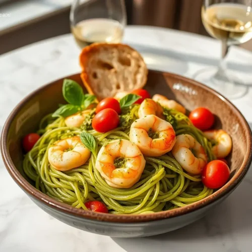 Delicious pesto shrimp spaghetti meal on a white marble table