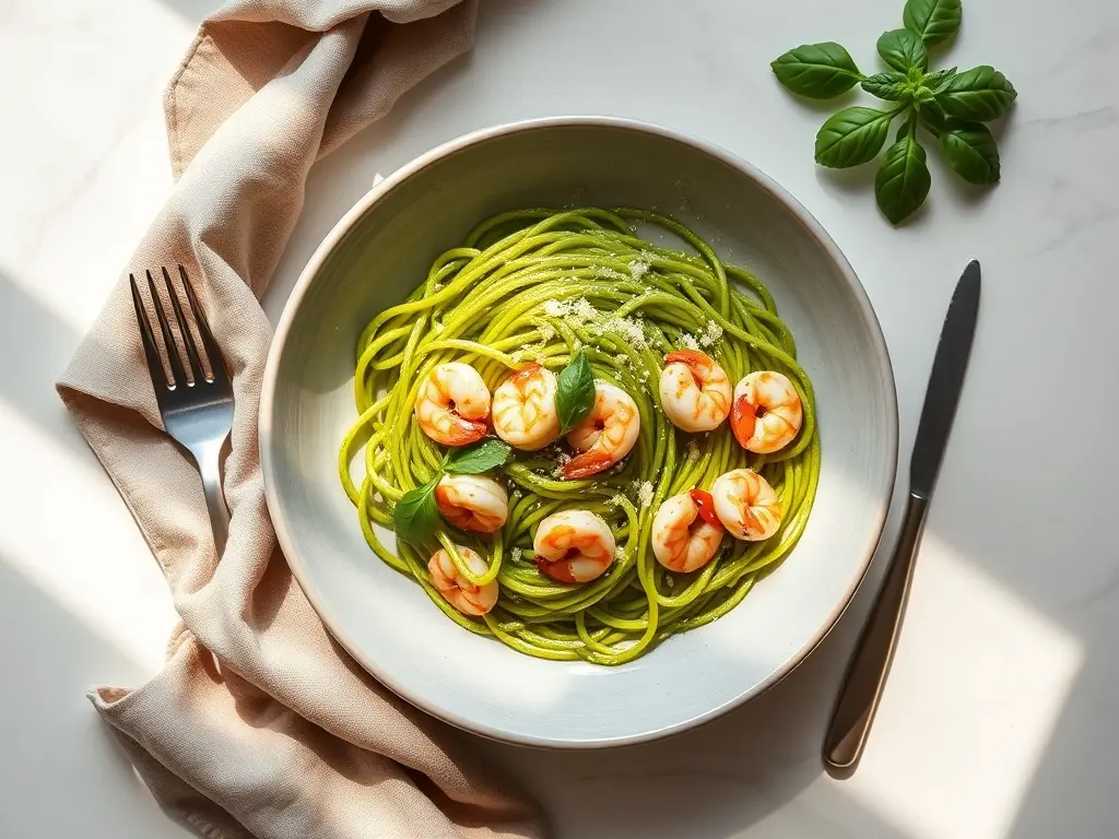 Delicious pesto shrimp spaghetti meal on a white marble table