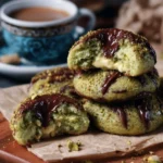 Pistachio kunafa chocolate cookies on a plate, decorated with nuts.