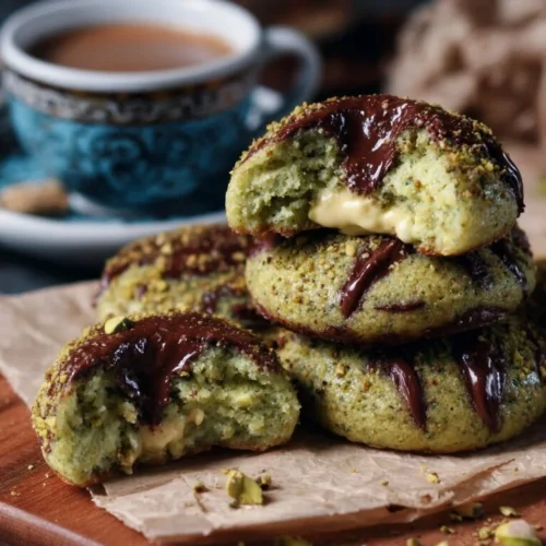Pistachio kunafa chocolate cookies on a plate, decorated with nuts.