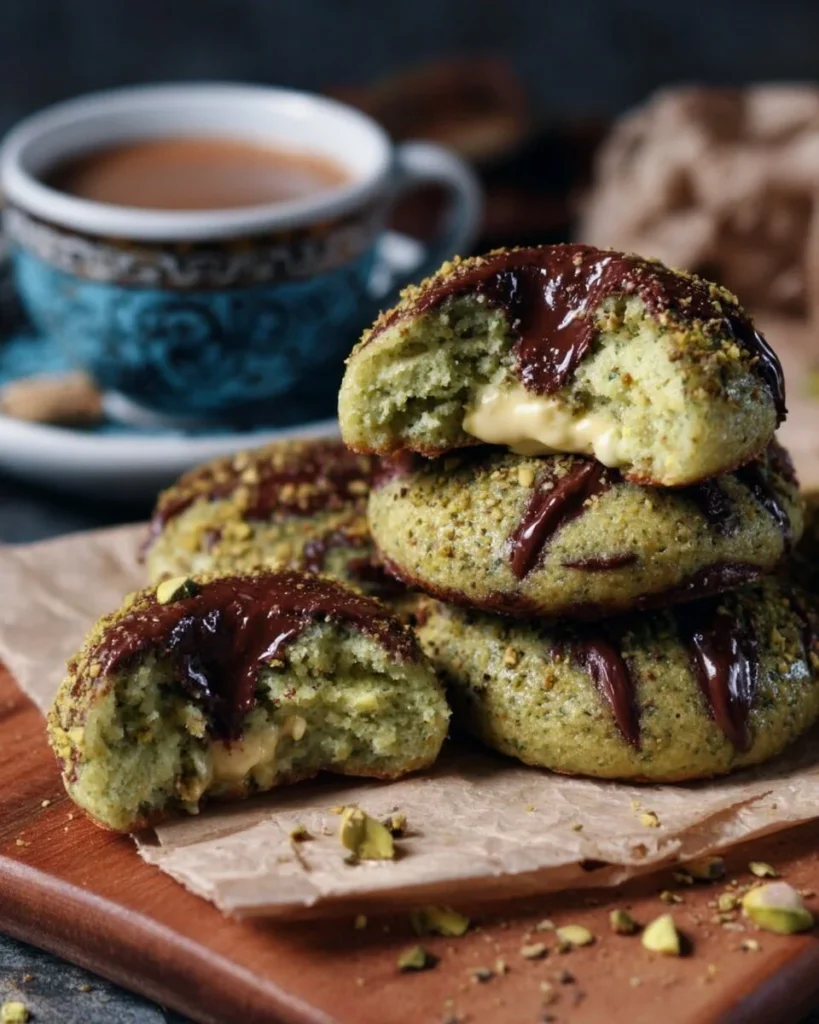 Pistachio kunafa chocolate cookies on a plate, decorated with nuts.