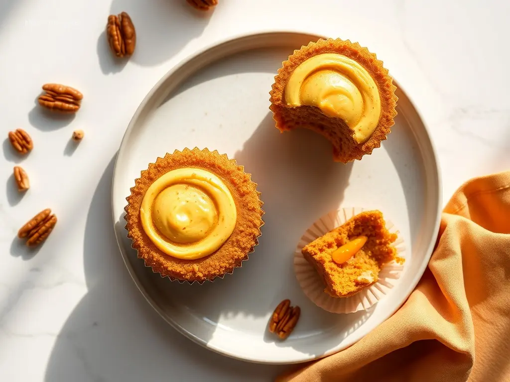 Delicious Pumpkin Cheesecake Filled Cupcakes on a white marble table