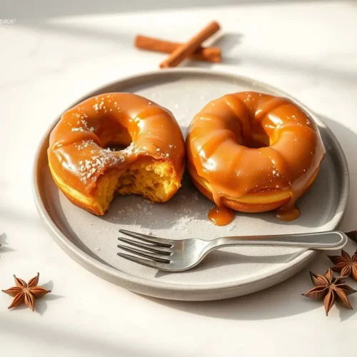 Delicious pumpkin spice brioche donuts with maple glaze arranged on a plate