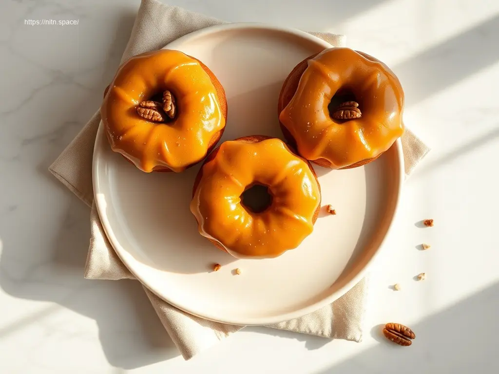 Delicious pumpkin spice brioche donuts with maple glaze arranged on a plate