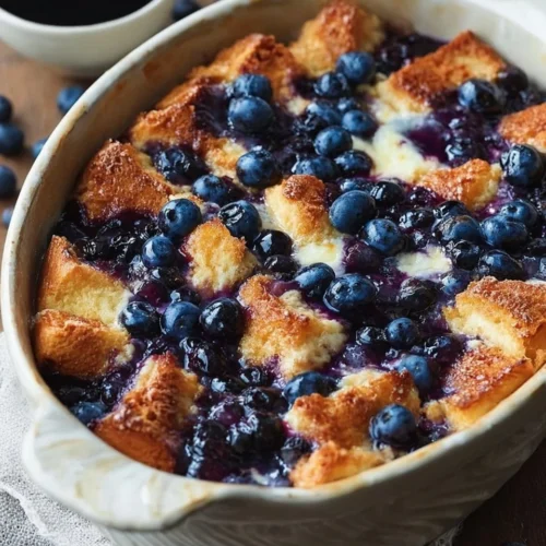 Blueberry French Toast Casserole in a baking dish topped with fresh blueberries