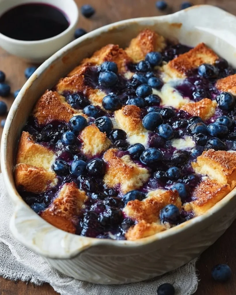 Blueberry French Toast Casserole in a baking dish topped with fresh blueberries