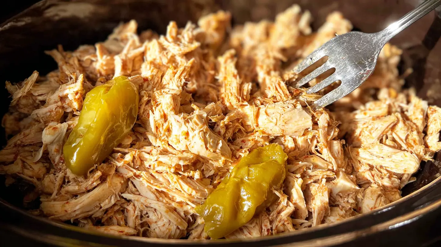 Cooked Easy Mississippi Chicken in a slow cooker, rich with gravy.