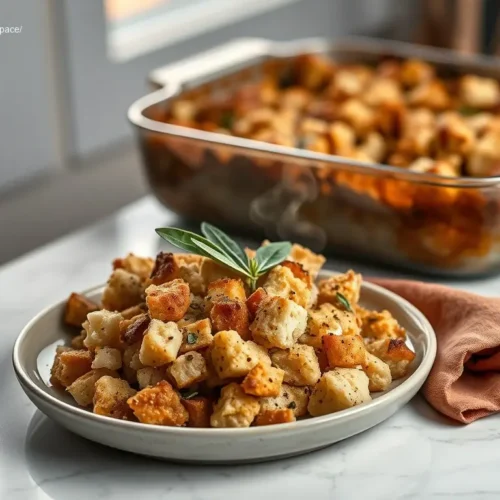 Golden brown homemade stuffing in a dish on white marble