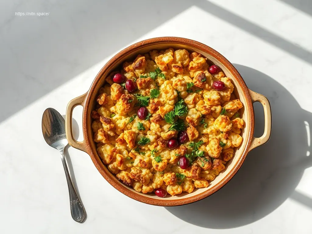 Golden brown homemade stuffing in a dish on white marble