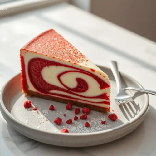 Delicious Red Velvet Swirl Holiday Cheesecake flatlay view