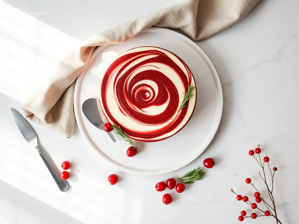 Delicious Red Velvet Swirl Holiday Cheesecake flatlay view