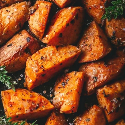 Plate of roasted sweet potatoes garnished with herbs