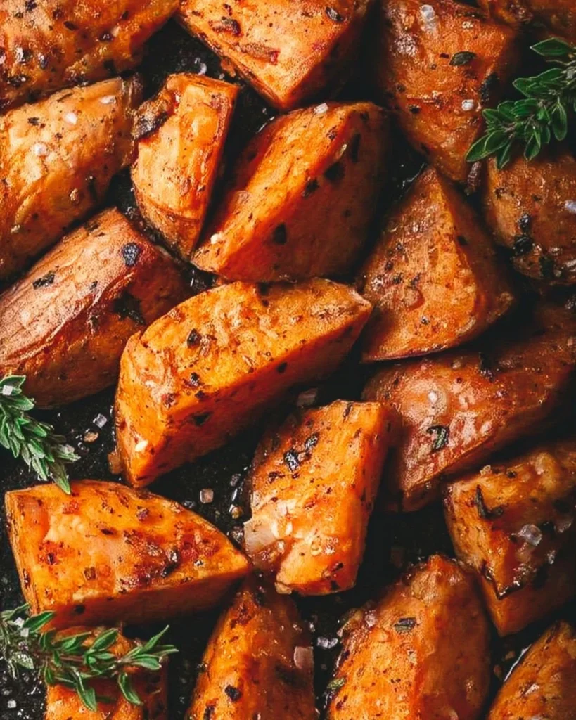 Plate of roasted sweet potatoes garnished with herbs
