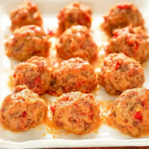 A platter of golden-baked Rotel cream cheese sausage balls