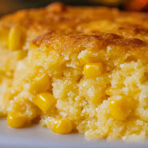 A golden-brown cornbread casserole in a rectangular baking dish.