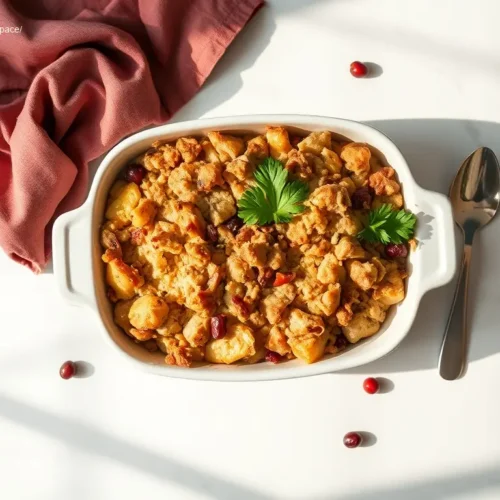 Delicious Savory Turkey Herb Stuffing dish overhead view