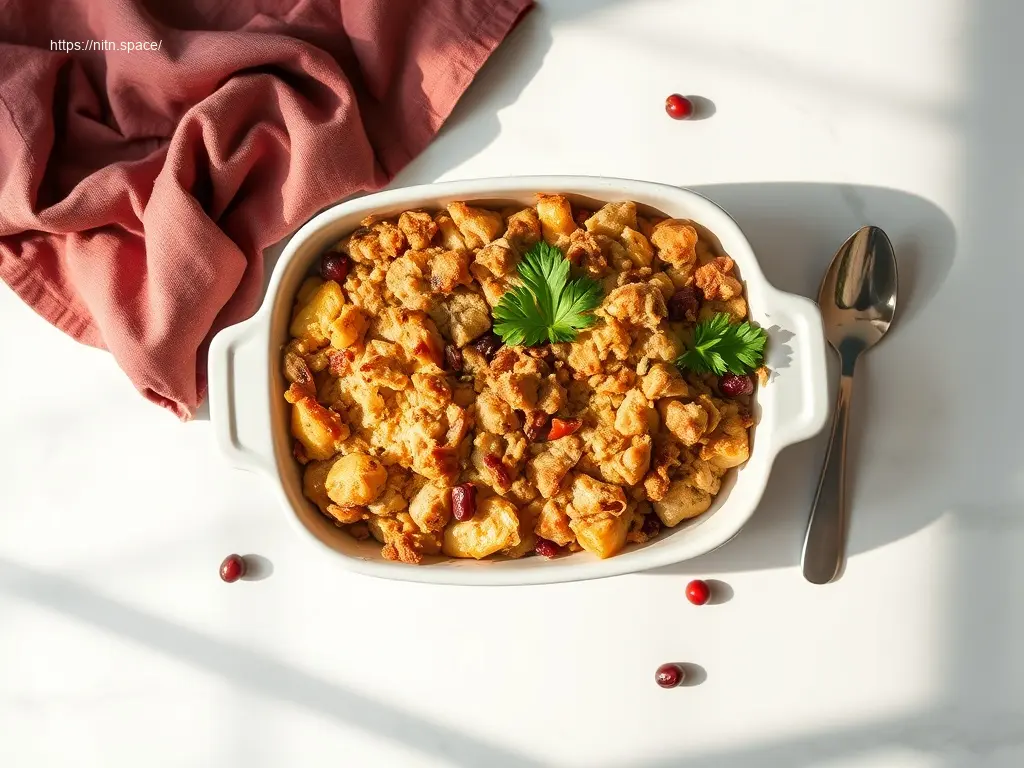 Delicious Savory Turkey Herb Stuffing dish overhead view