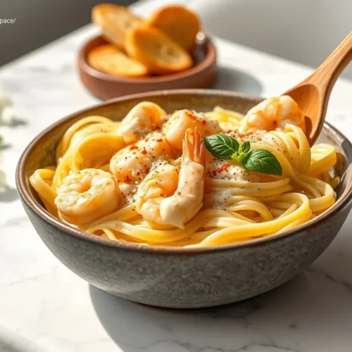 Delicious Shrimp Alfredo Fettuccine with fresh parsley and Parmesan