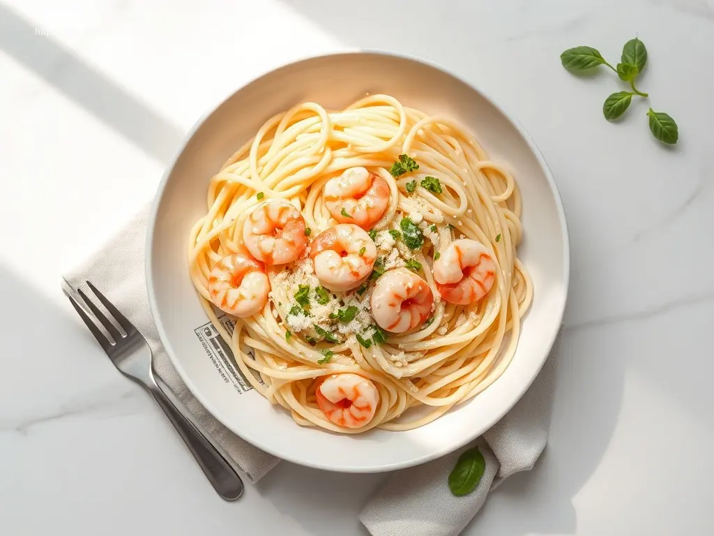Delicious Shrimp Alfredo Fettuccine with fresh parsley and Parmesan