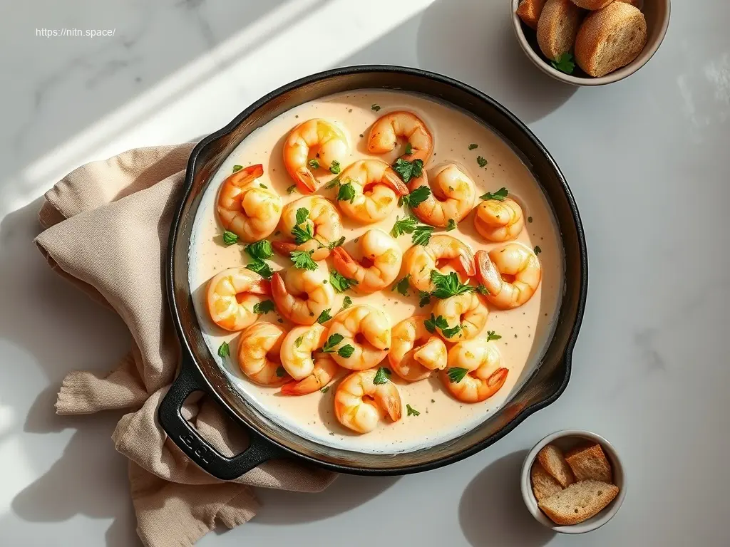 Creamy Garlic Butter Shrimp Skillet with parsley and bread