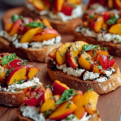 Simple peach bruschetta topped with whipped ricotta on a wooden board.