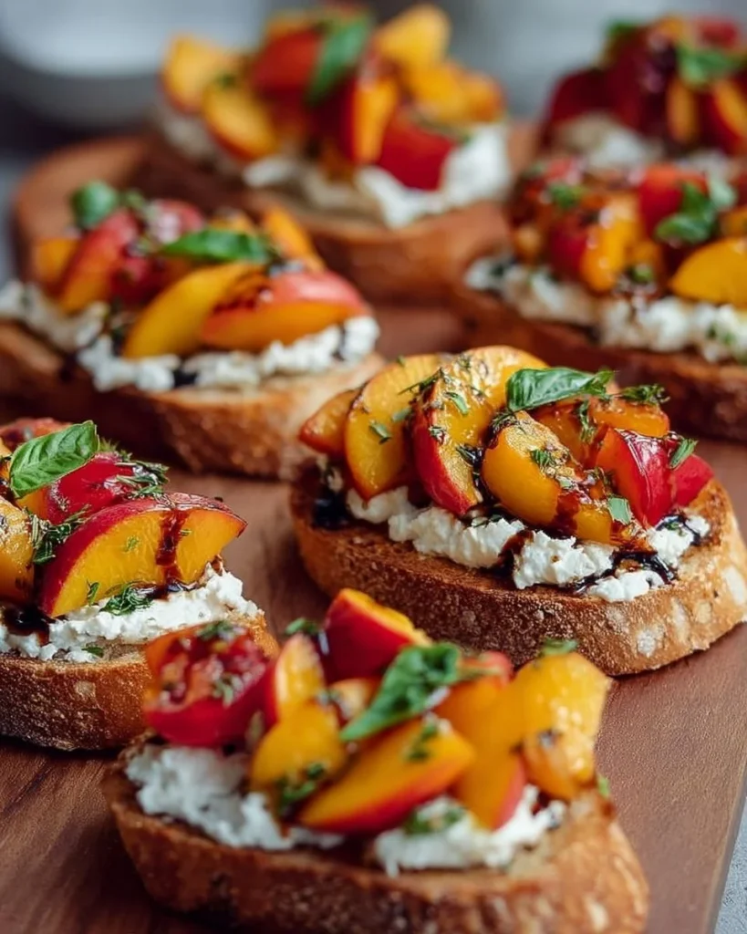 Simple peach bruschetta topped with whipped ricotta on a wooden board.
