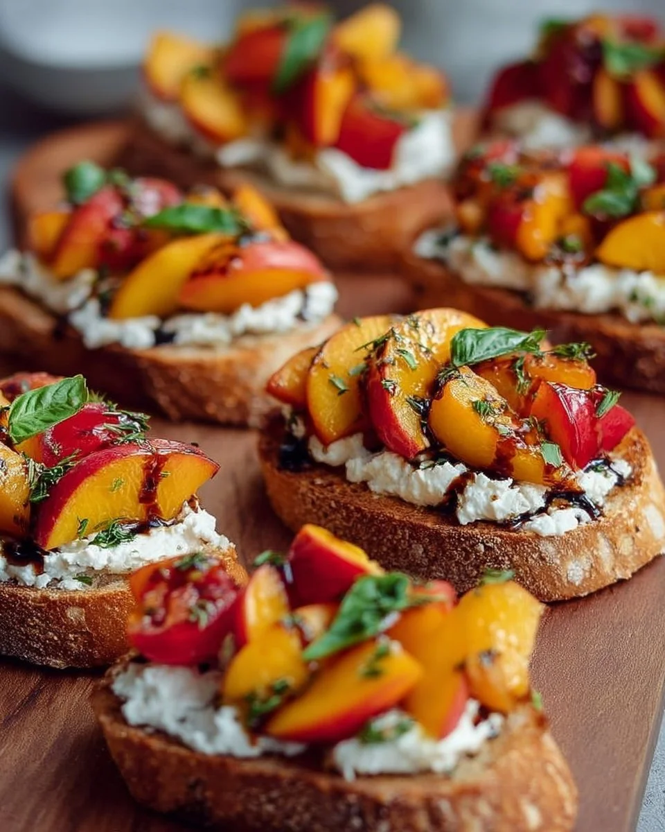 Simple peach bruschetta topped with whipped ricotta on a wooden board.